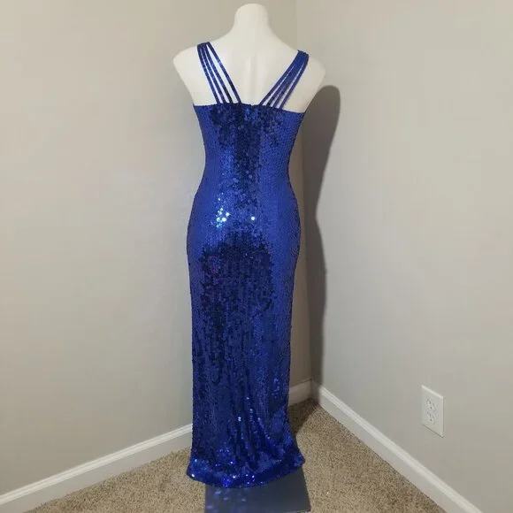 Sz 4 (fits modern size) Early 90s Vintage Niteline Royal Blue Sequin Gown Dress - Picture 2 of 12